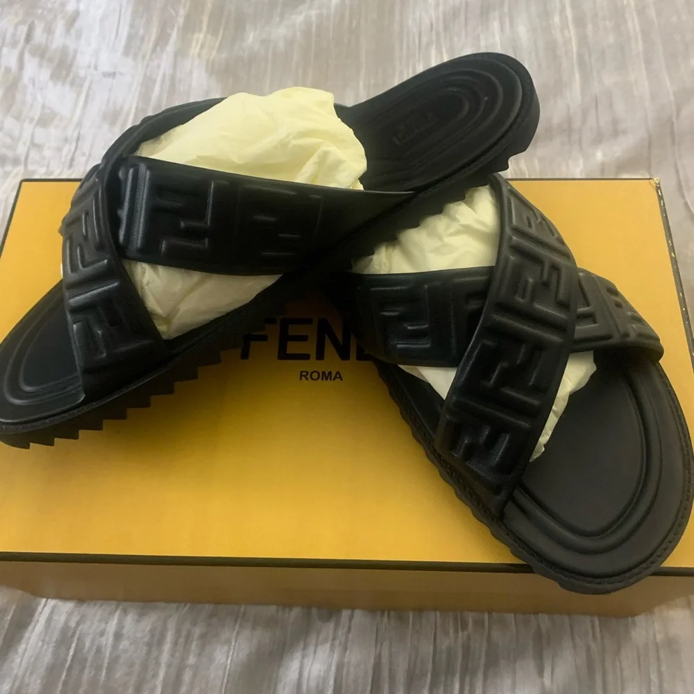 Fendi Black Quilted Leather Cross-Strap Slide Sandals
